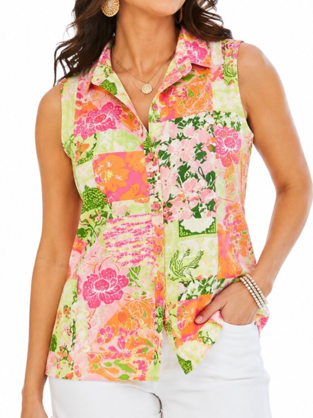 Y2K Tahiti Reef Club Style Tropical Patchwork Floral Sleeveless Button Top